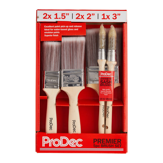 Prodec Premier Synthetic Paint Brush 5 Piece With Free 15mm & 18mm Sash Brush Boxset